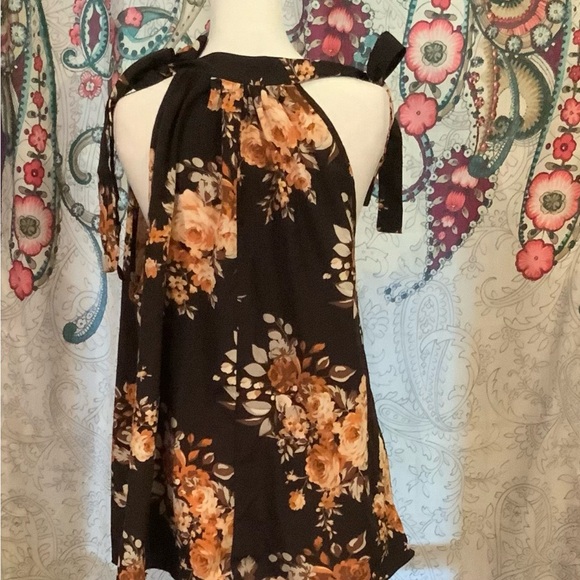 SHEIN Floral Halter Blouse - Black and Brown - Picture 1 of 4
